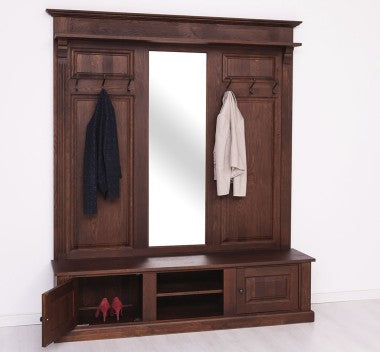 Garderobe Kolonial mit Spiegel 2 Türen und 2 offene Fächer 181x210x41 cm Eichenholz massiv