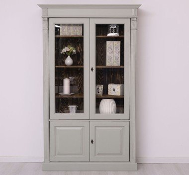 Landhausstil Schrank Vitrine Hellgrau 120x197x39 cm Kiefernholz massiv