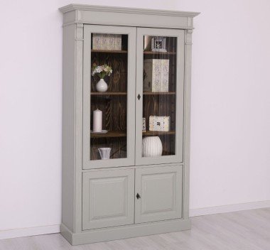 Landhausstil Schrank Vitrine Hellgrau 120x197x39 cm Kiefernholz massiv
