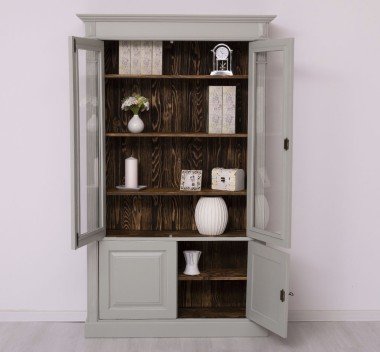 Landhausstil Schrank Vitrine Hellgrau 120x197x39 cm Kiefernholz massiv
