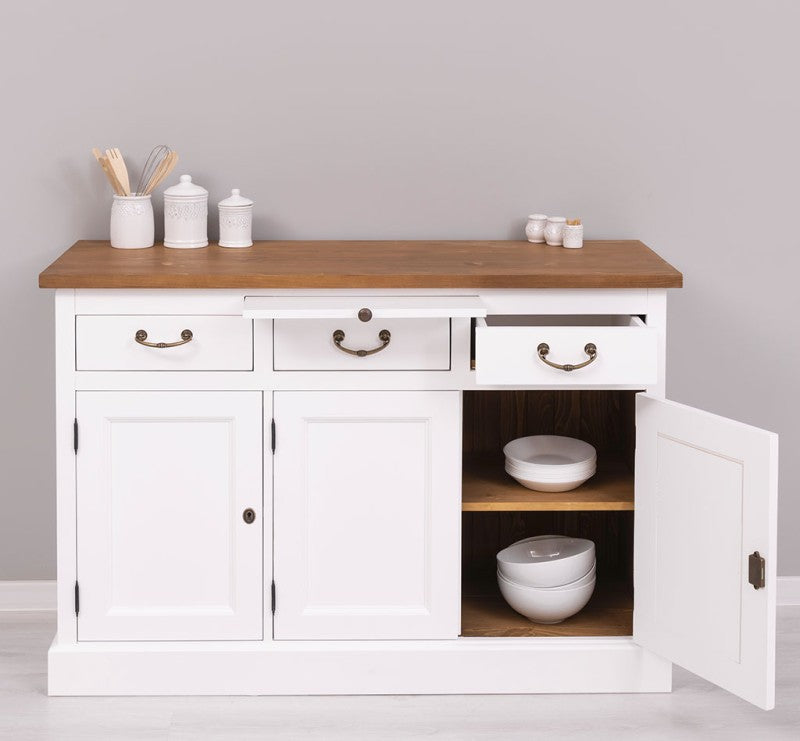 Sideboard Weiß und Natur Landhausmöbel Kiefernholz Massiv 134x90x50 cm