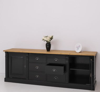 Landhausstil Sideboard Schwarz Natur 219x78x51 cm Kiefernholz massiv