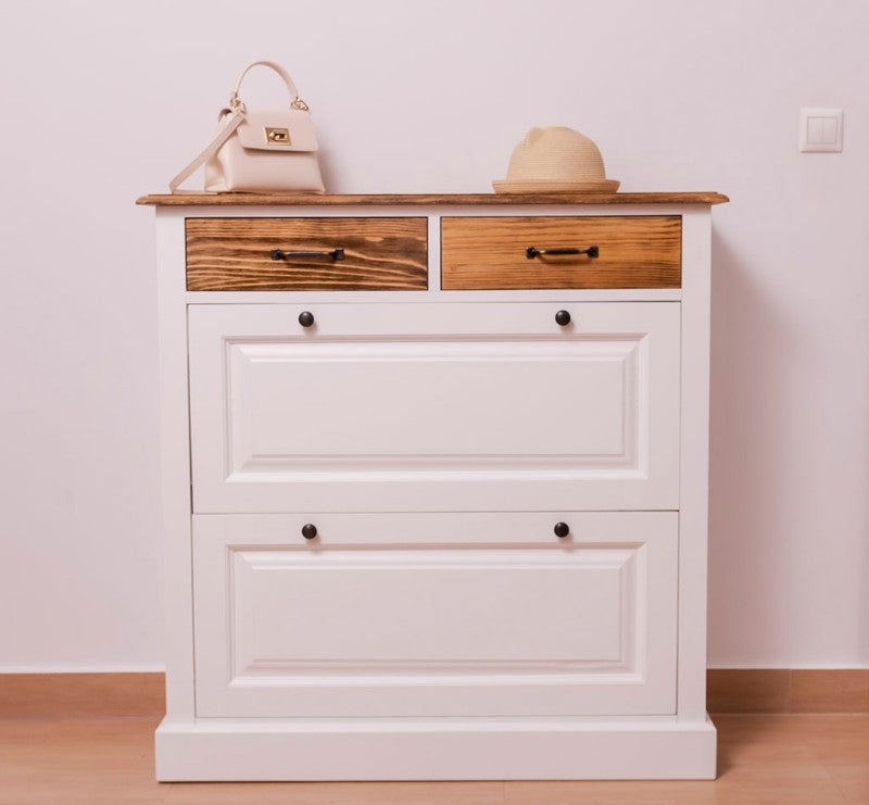 Schuhschrank Landhausmöbel Weiß und Natur 103x105x35 cm Kieferholz