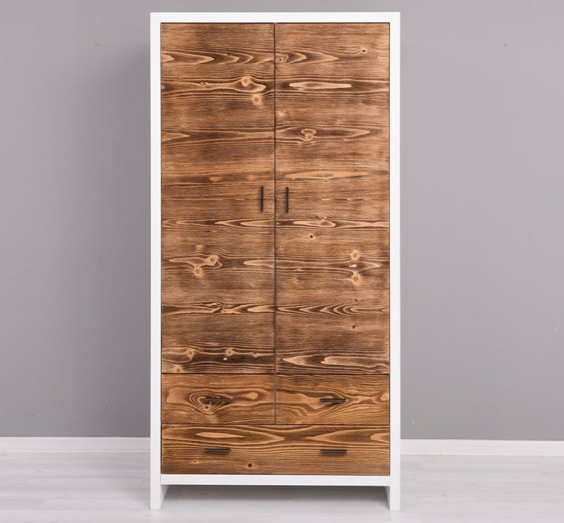 Landhaus Kleiderschrank Weiß und Natur 100x200x55 cm Kiefernholz massiv