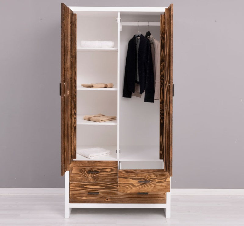 Landhaus Kleiderschrank Weiß und Natur 100x200x55 cm Kiefernholz massiv