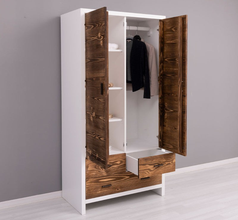 Landhaus Kleiderschrank Weiß und Natur 100x200x55 cm Kiefernholz massiv