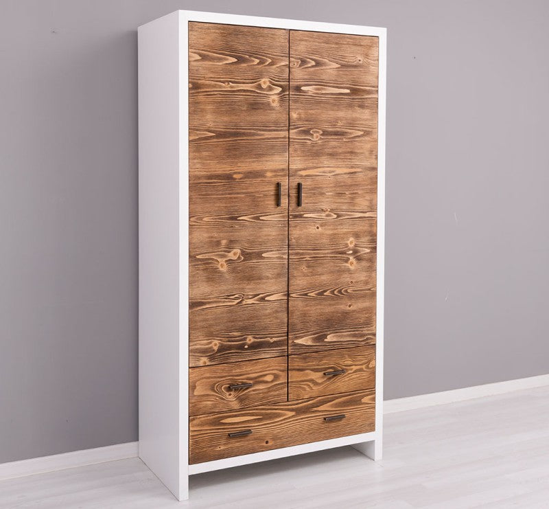 Landhaus Kleiderschrank Weiß und Natur 100x200x55 cm Kiefernholz massiv